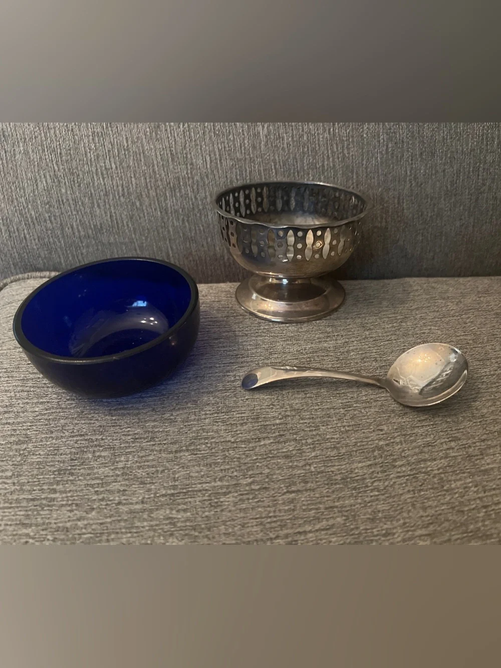 Vintage Silver Plated Sugar Dish With Original Cobalt Blue Glass Bowl & Spoon